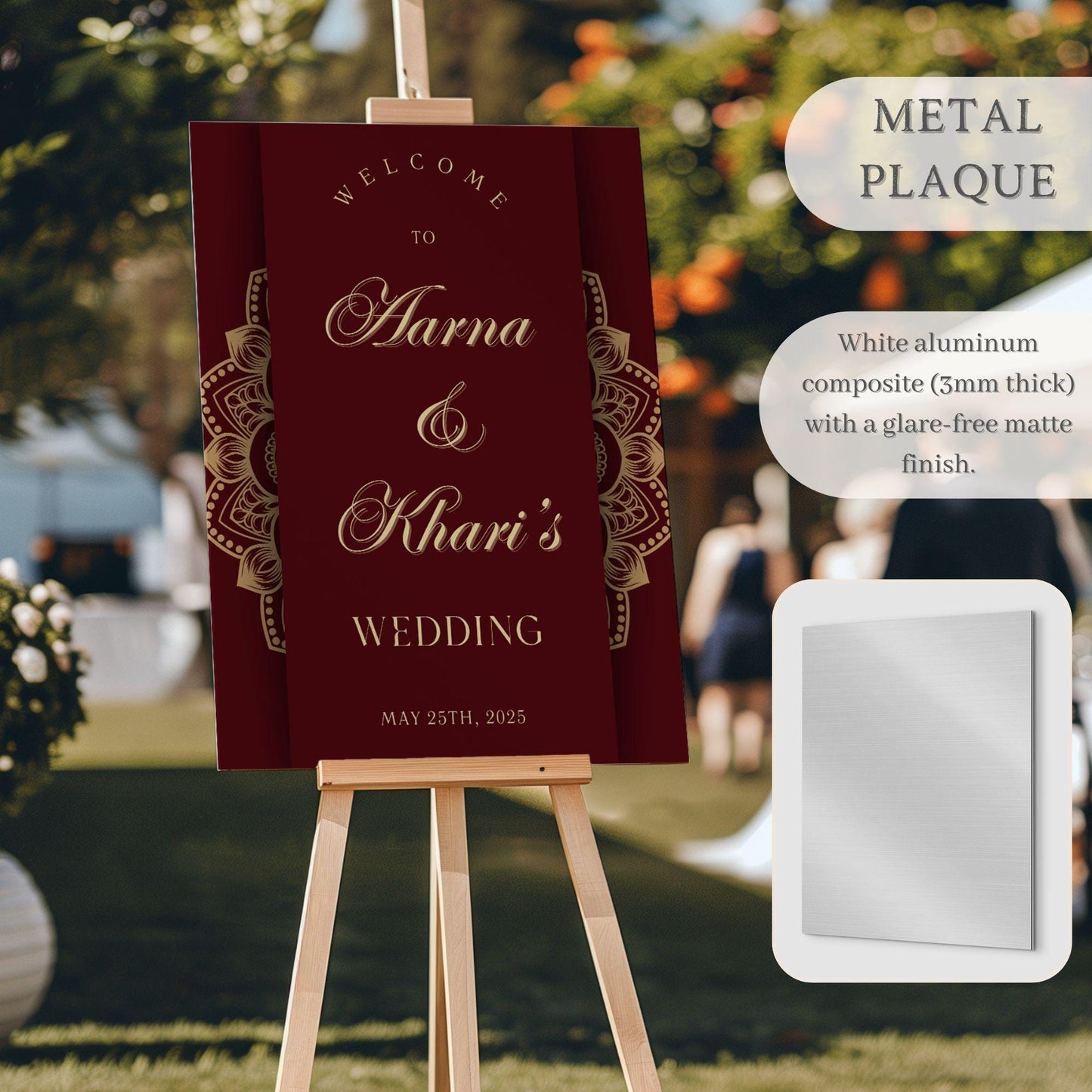 Maroon & Gold Scroll Indian Wedding Welcome Sign for Mehndi, Sangeet, Haldi etc.