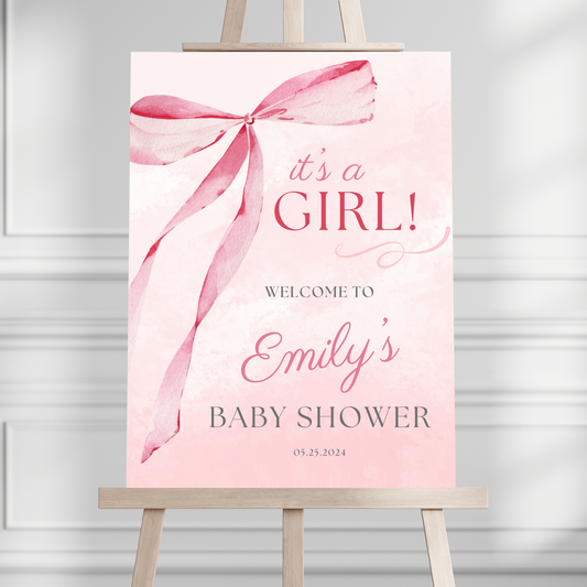 Pink Bow Coquette Baby Shower Welcome Sign - Magnolia Dane Co.