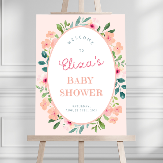 Pink Floral Oval Baby Shower Welcome Sign - Magnolia Dane Co.