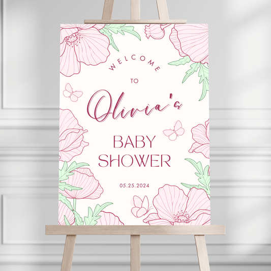 Line Flowers Baby Shower Welcome Sign