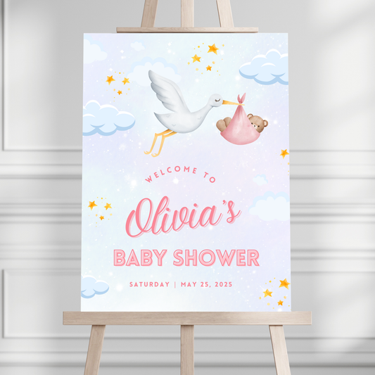 Pink Stork Baby Shower Welcome Sign