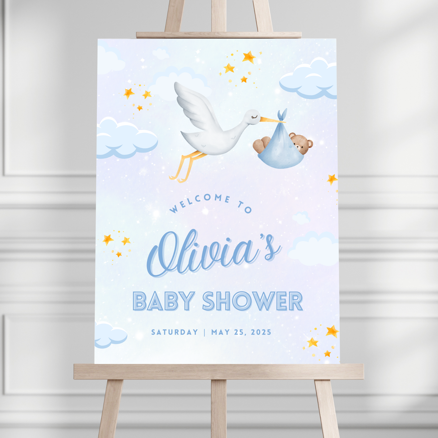 Blue Stork Baby Shower Welcome Sign