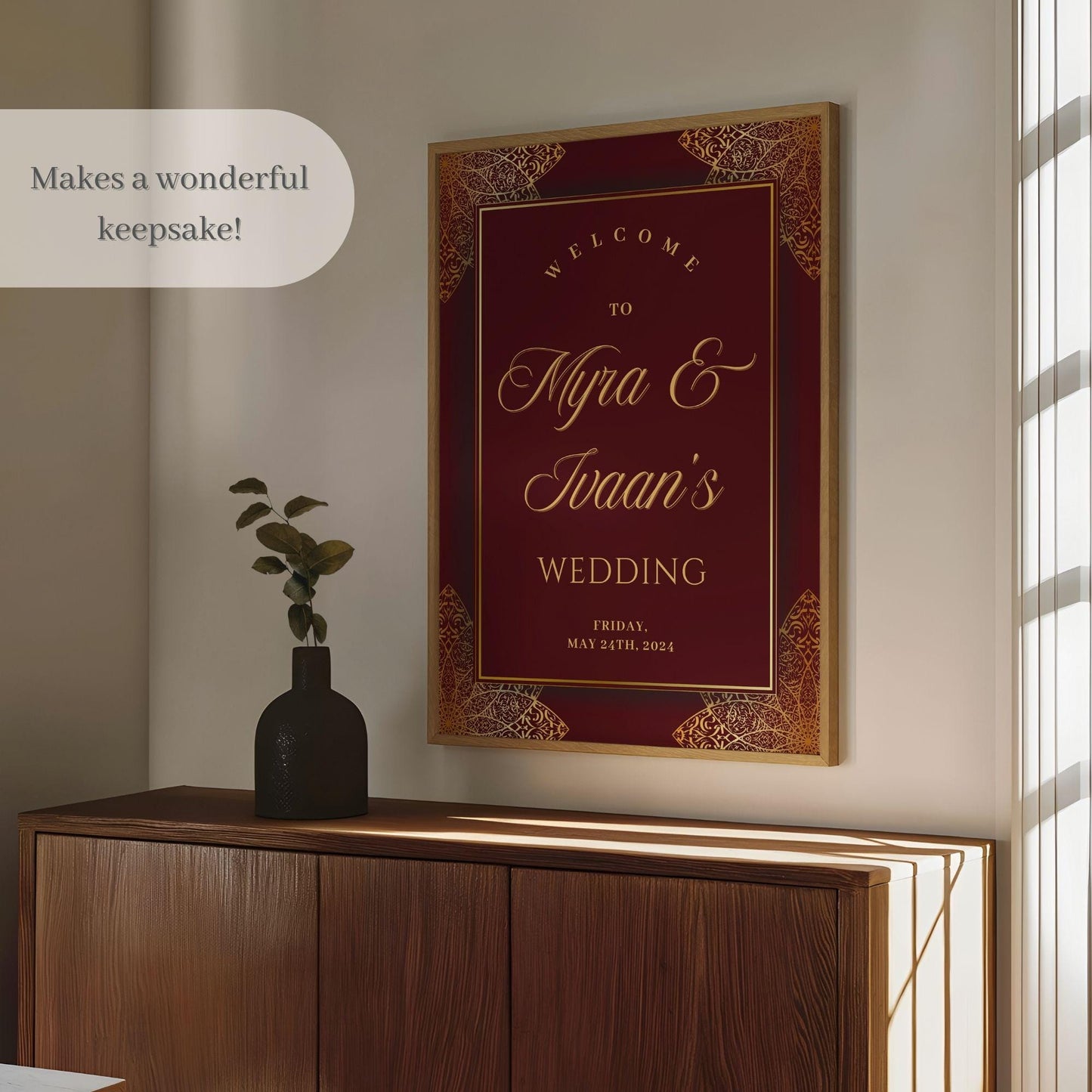 Maroon & Gold Indian Wedding Welcome Sign for Mehndi, Sangeet, Haldi etc.