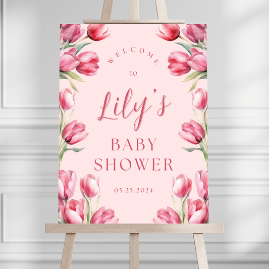 Pink Tulip Baby Shower Welcome Sign - Magnolia Dane Co.