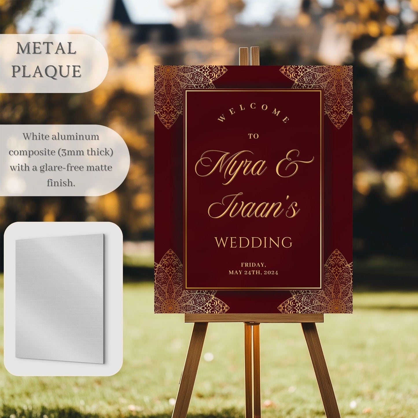 Maroon & Gold Indian Wedding Welcome Sign for Mehndi, Sangeet, Haldi etc.