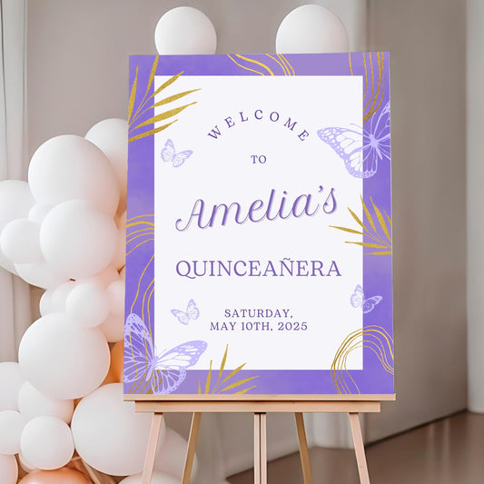 Purple & Gold Butterfly Quinceañera Welcome Sign