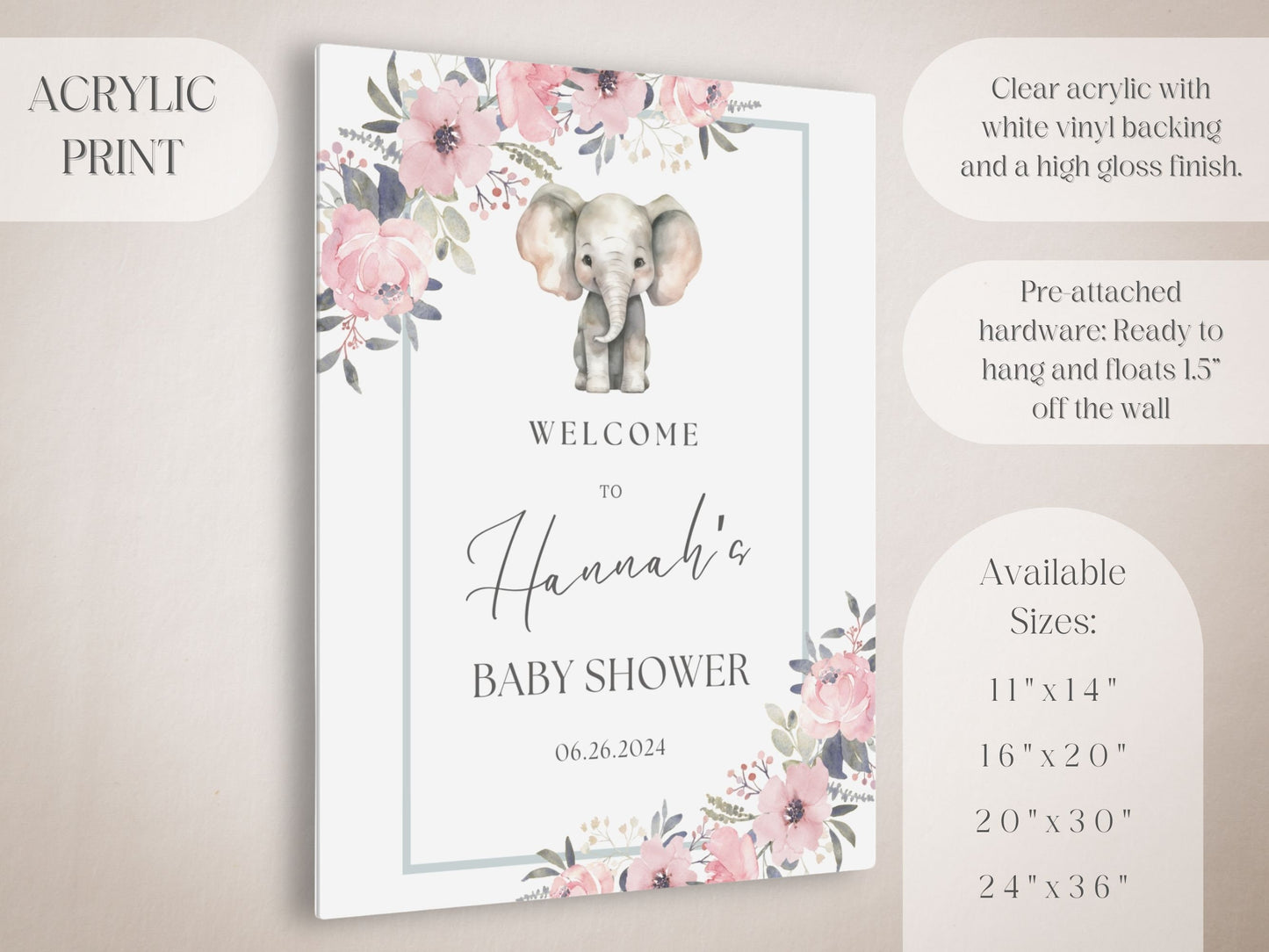 Floral Elephant Baby Shower Welcome Sign