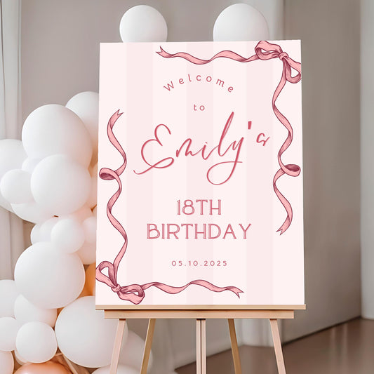 Pink Coquette Bows 18th Birthday Party Welcome Sign