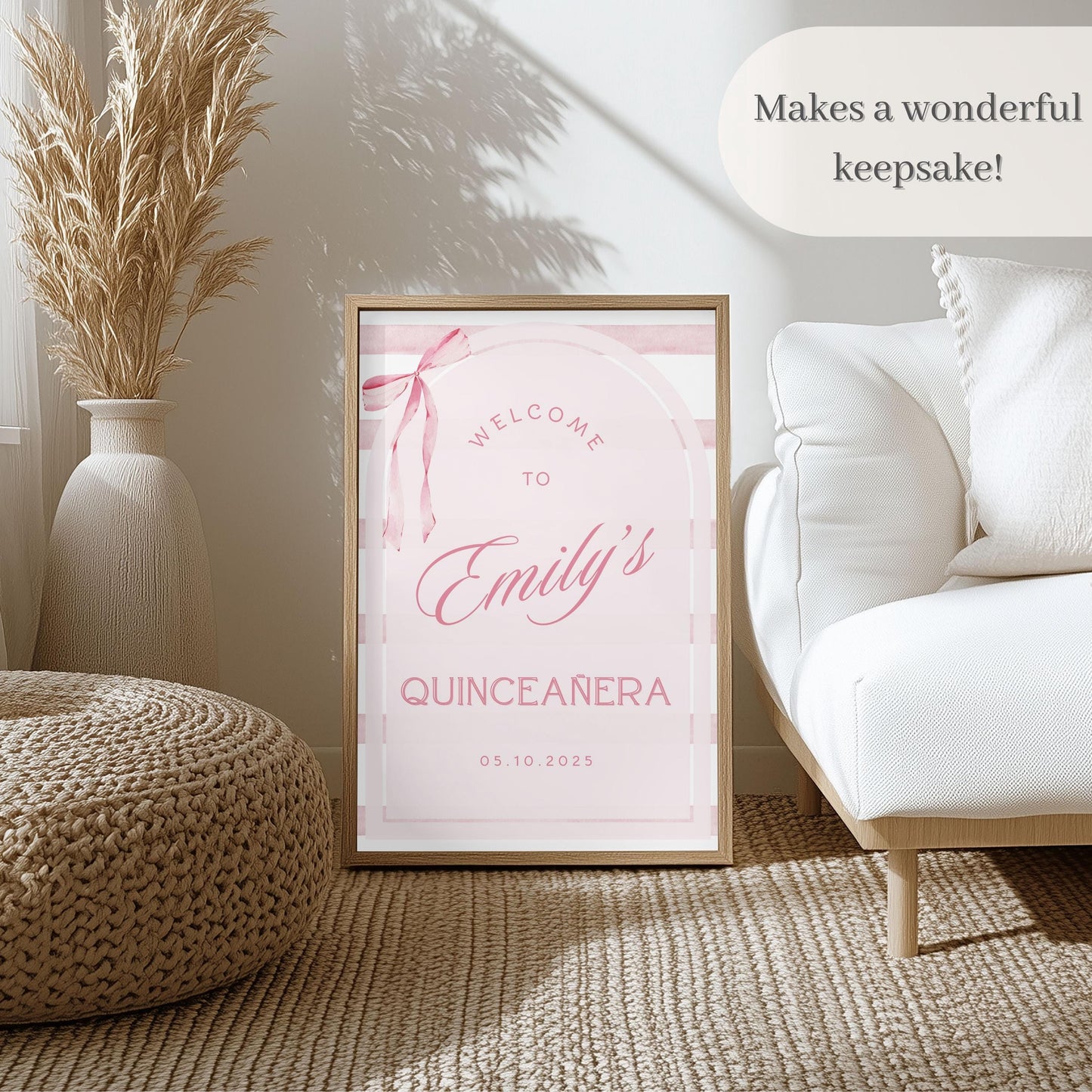 Pink Coquette Bow Striped Quinceañera Welcome Sign