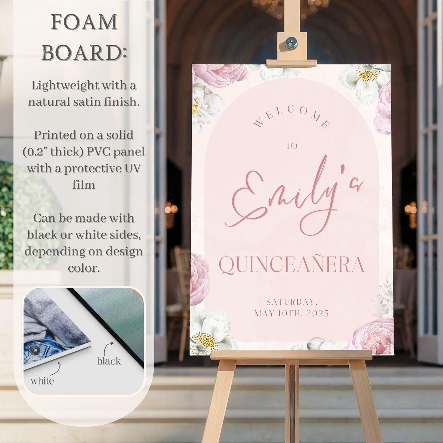 Delicate Floral Arch Quinceañera Welcome Sign