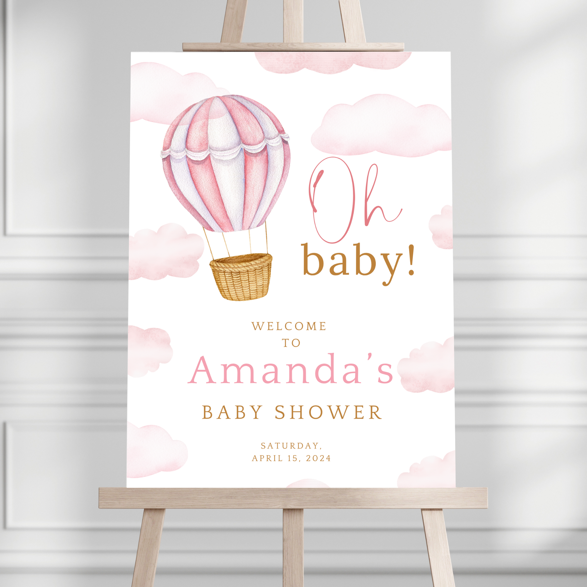 "Oh Baby!" Pink Hot Air Balloon Baby Shower Welcome Sign - Magnolia Dane Co.