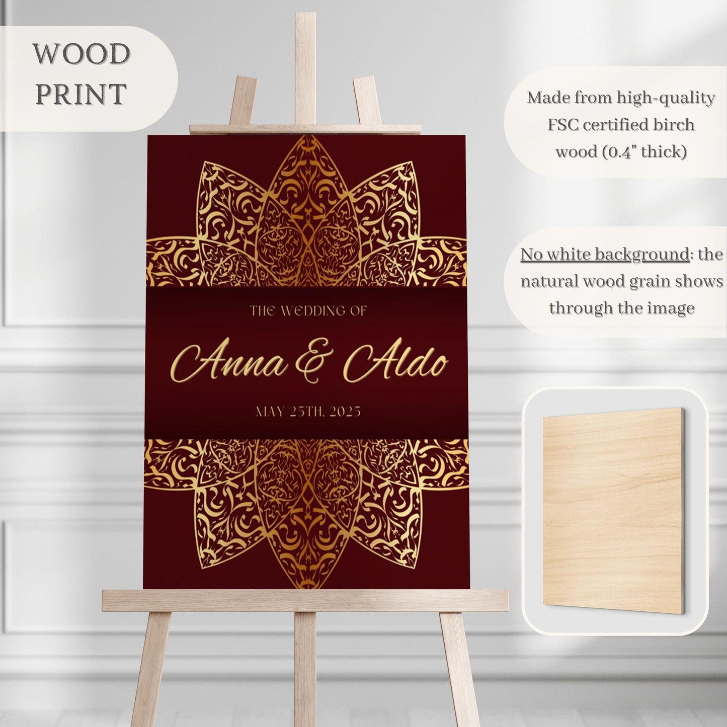 Maroon & gold Intricate Indian Wedding Welcome Sign for Mehndi, Sangeet, Haldi etc.