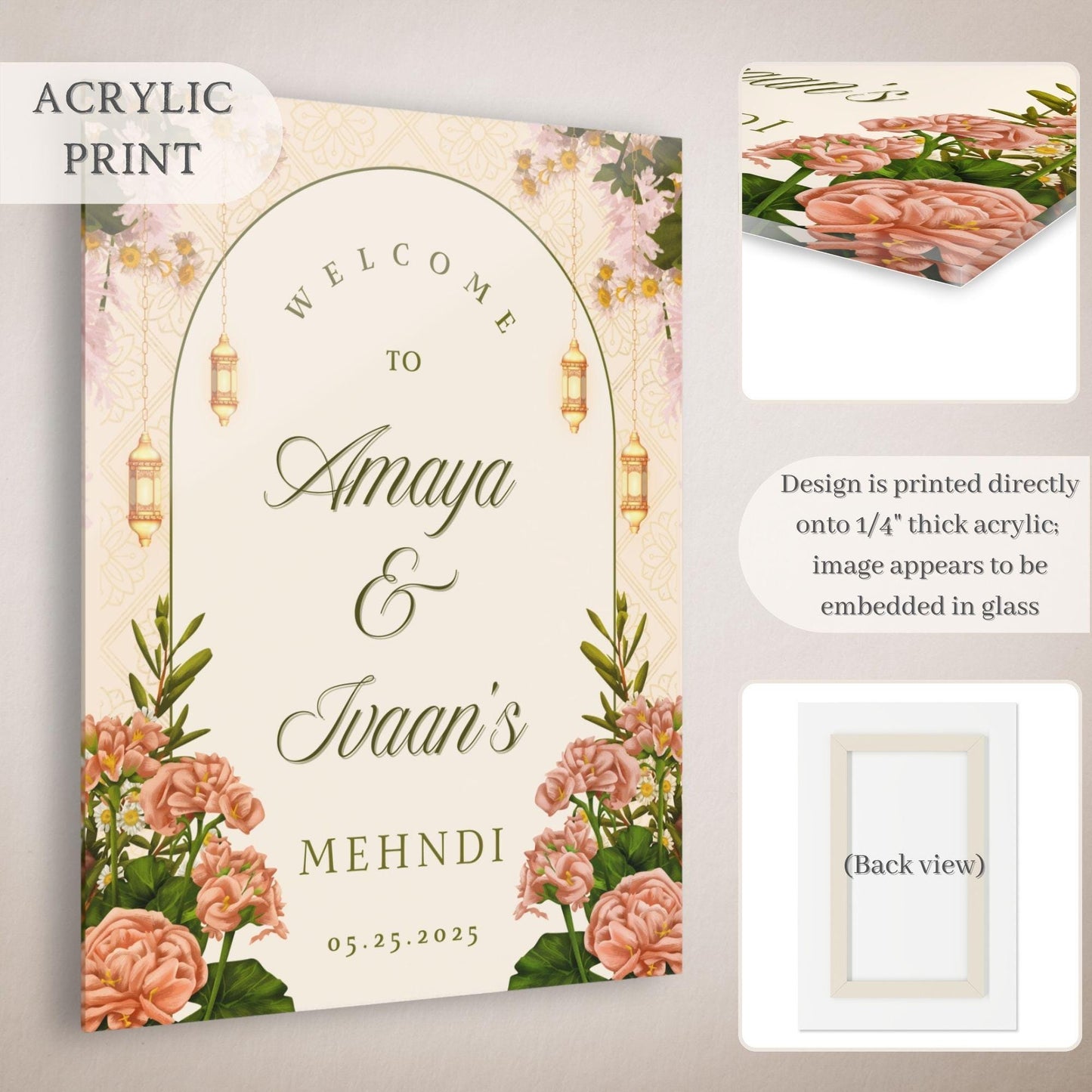 Beige Floral Indian Wedding Welcome Sign for Mehndi, Sangeet, Haldi etc.