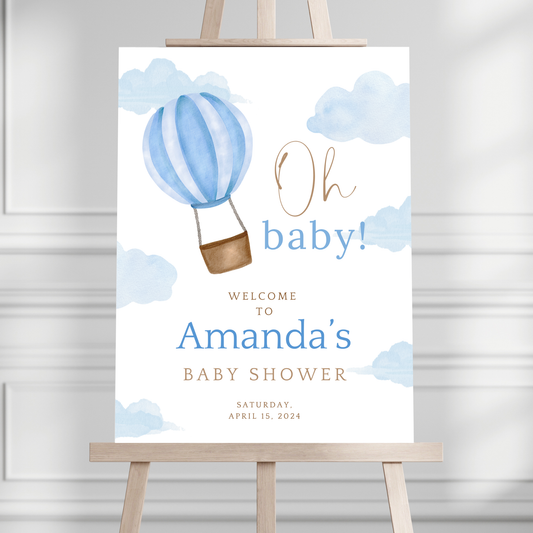 "Oh Baby!" Blue Hot Air Balloon Baby Shower Welcome Sign - Magnolia Dane Co.