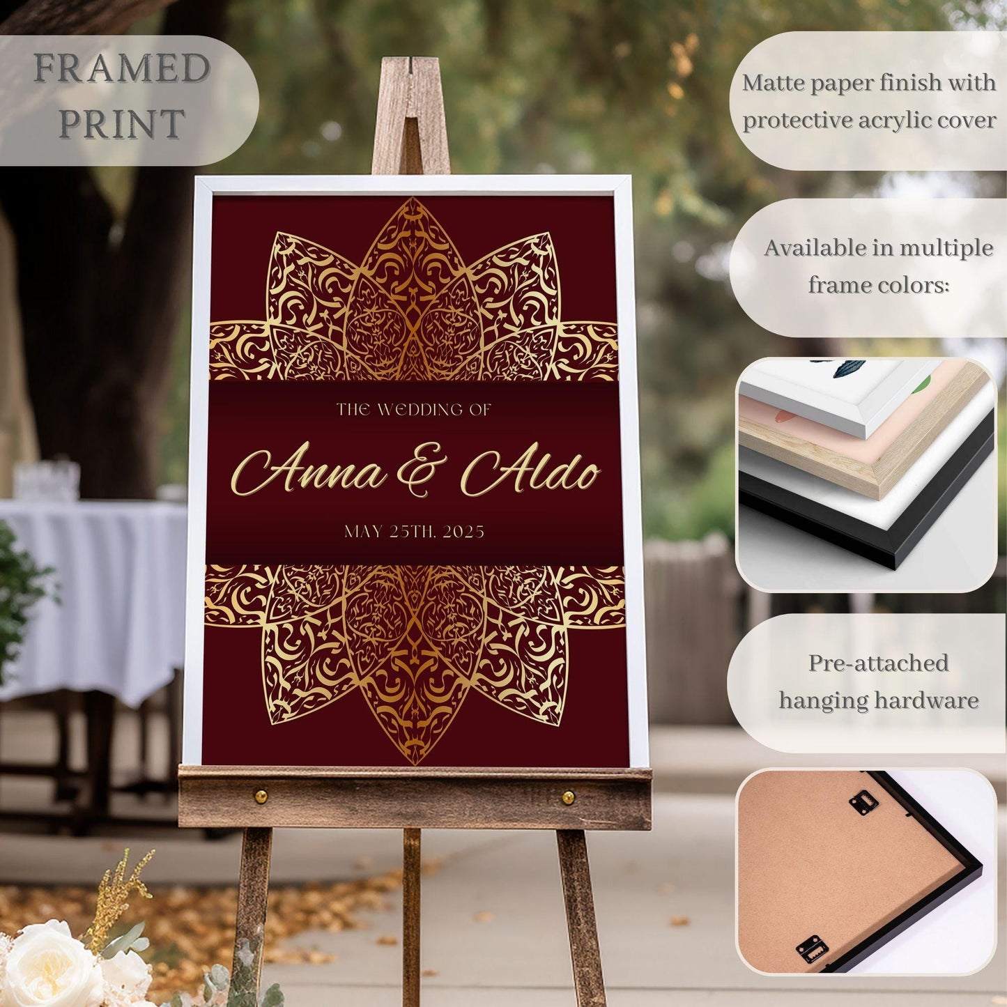 Maroon & gold Intricate Indian Wedding Welcome Sign for Mehndi, Sangeet, Haldi etc.
