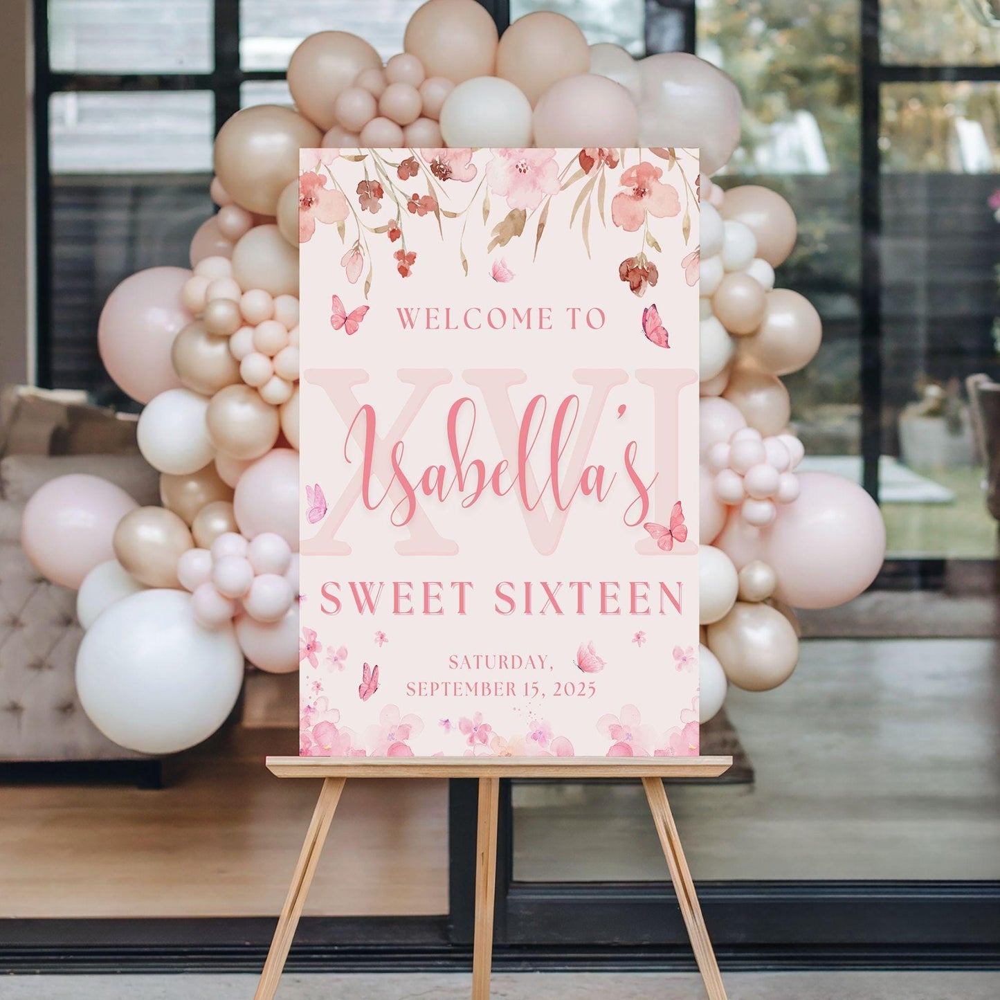 Delicate Pink Floral "Sweet Sixteen" 16th Birthday Welcome Sign