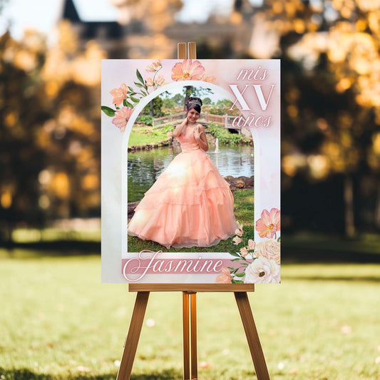 Peach Floral Arch Custom Photo Quinceañera Welcome Sign