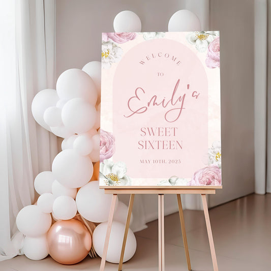 Pink Floral Arch "Sweet Sixteen" 16th Birthday Welcome Sign