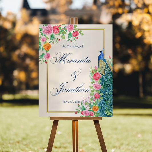 Floral Peacock Indian Wedding Welcome Sign for Mehndi, Sangeet, Haldi etc.