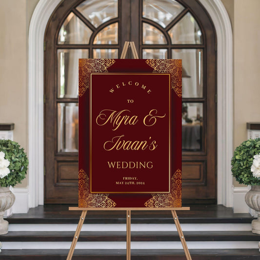 Maroon & Gold Indian Wedding Welcome Sign for Mehndi, Sangeet, Haldi etc.