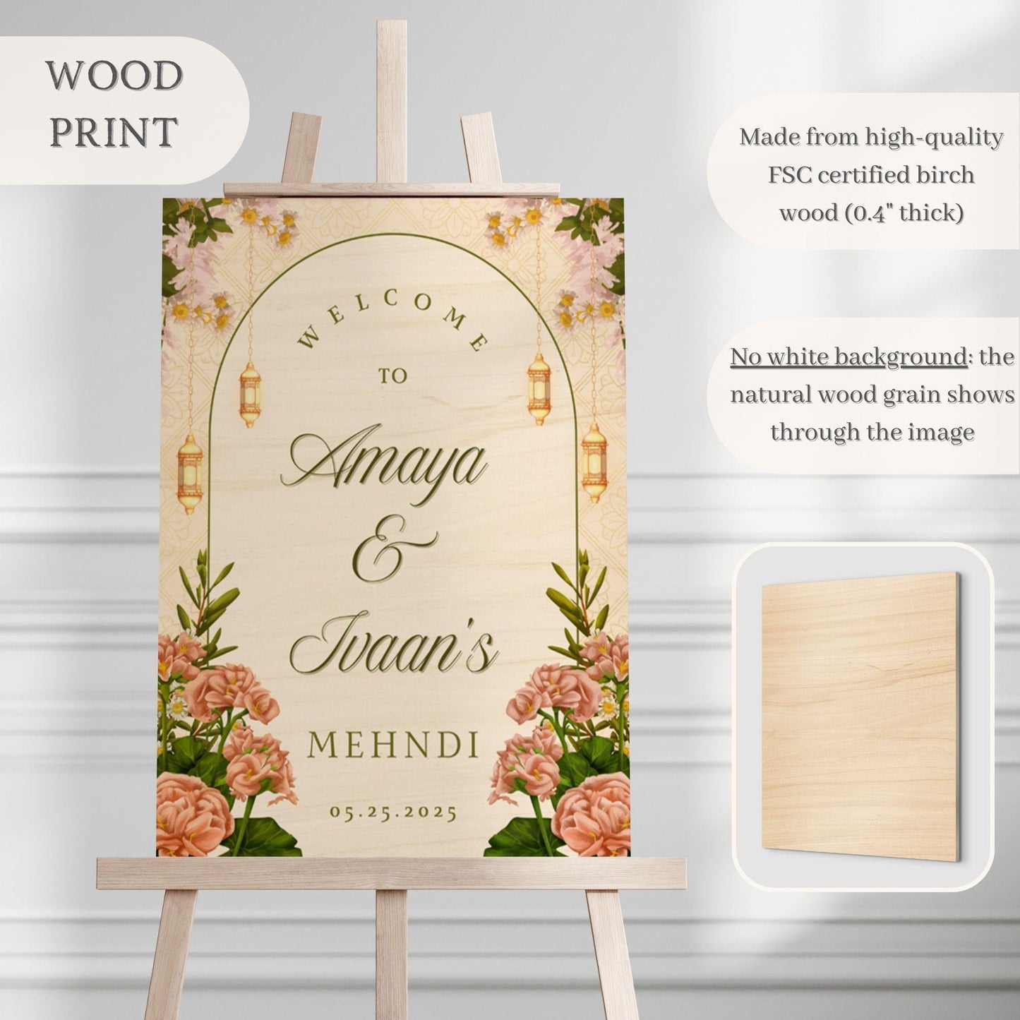 Beige Floral Indian Wedding Welcome Sign for Mehndi, Sangeet, Haldi etc.