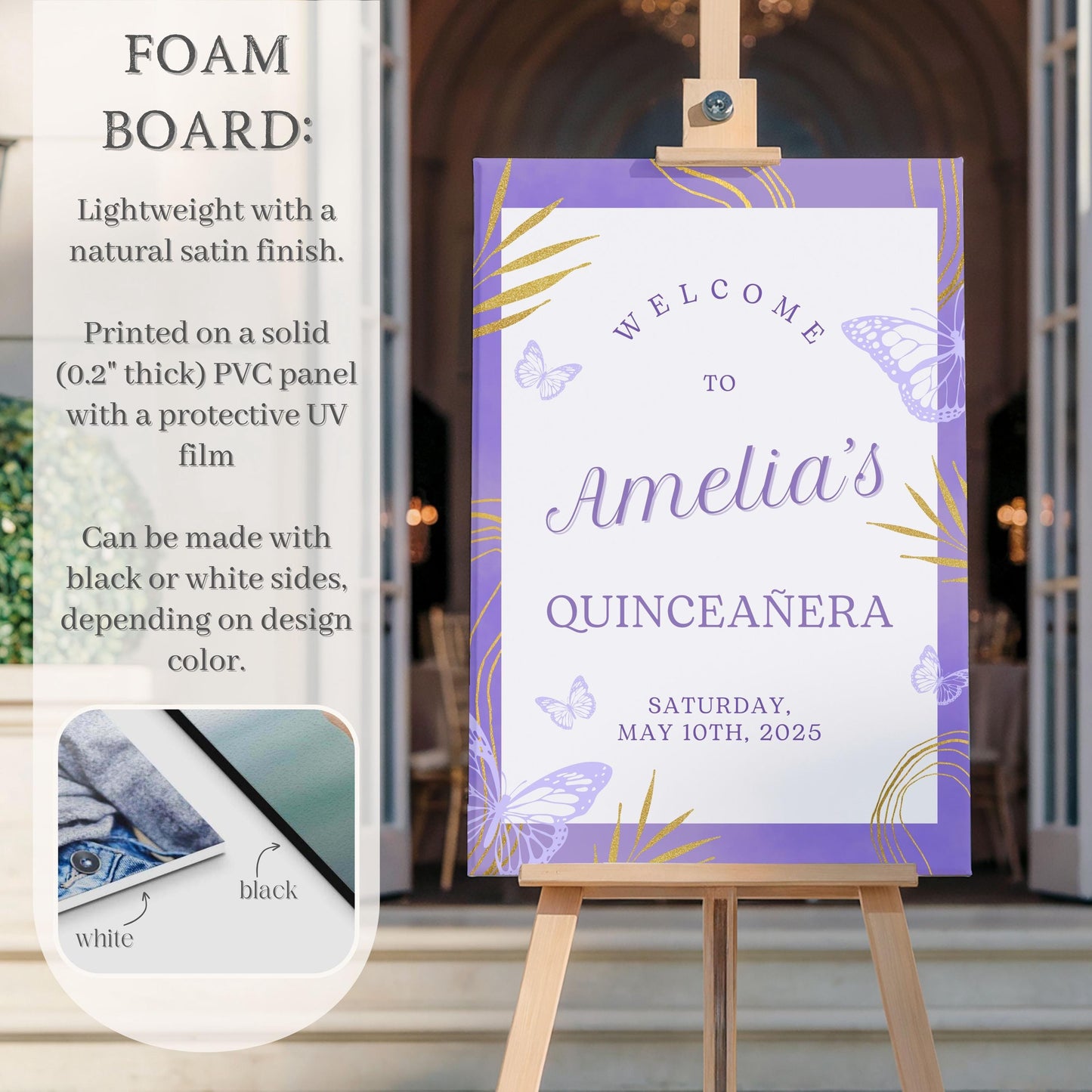 Purple & Gold Butterfly Quinceañera Welcome Sign