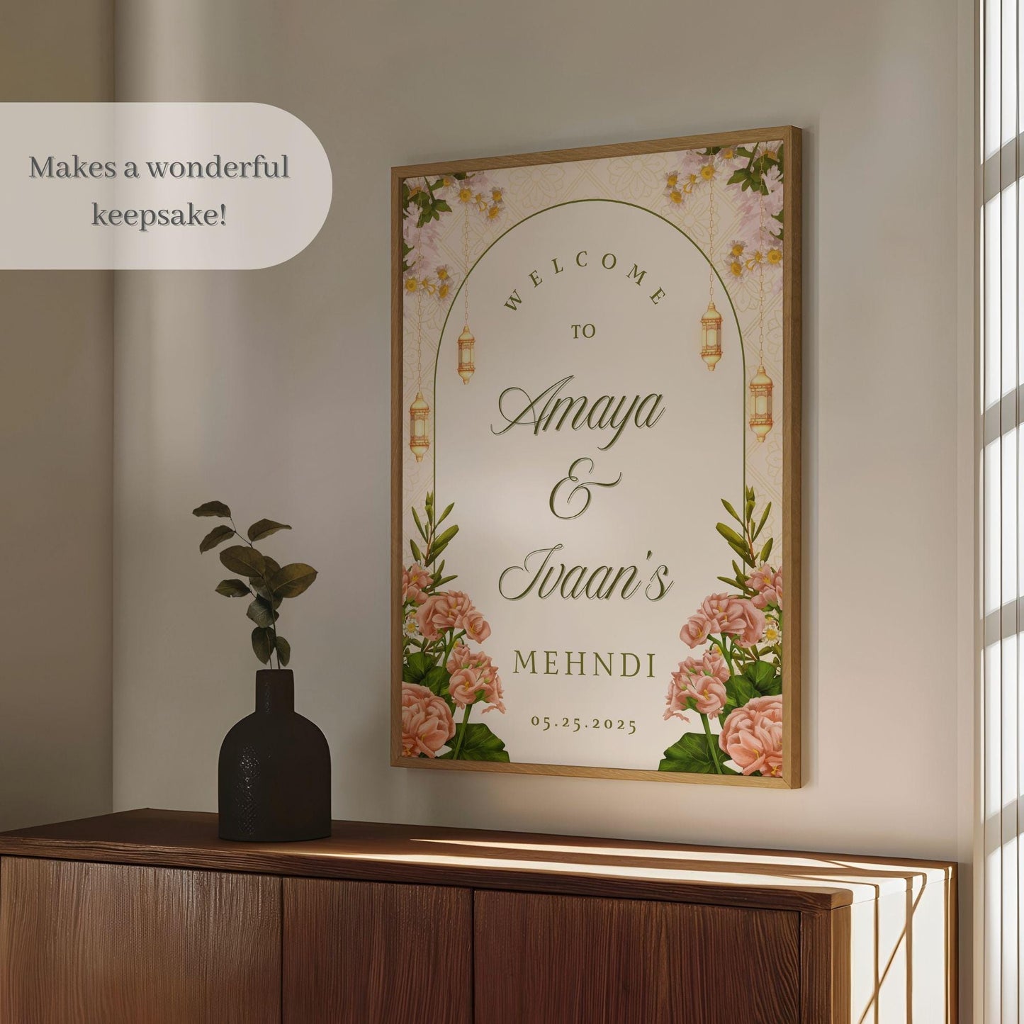 Beige Floral Indian Wedding Welcome Sign for Mehndi, Sangeet, Haldi etc.