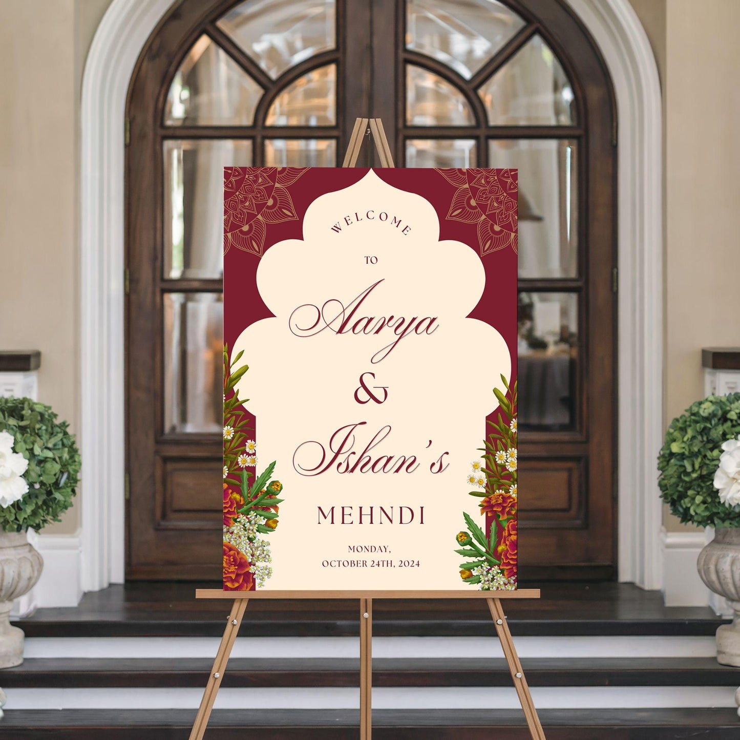 Red Floral Arch Indian Wedding Welcome Sign for Mehndi, Sangeet, Haldi etc.