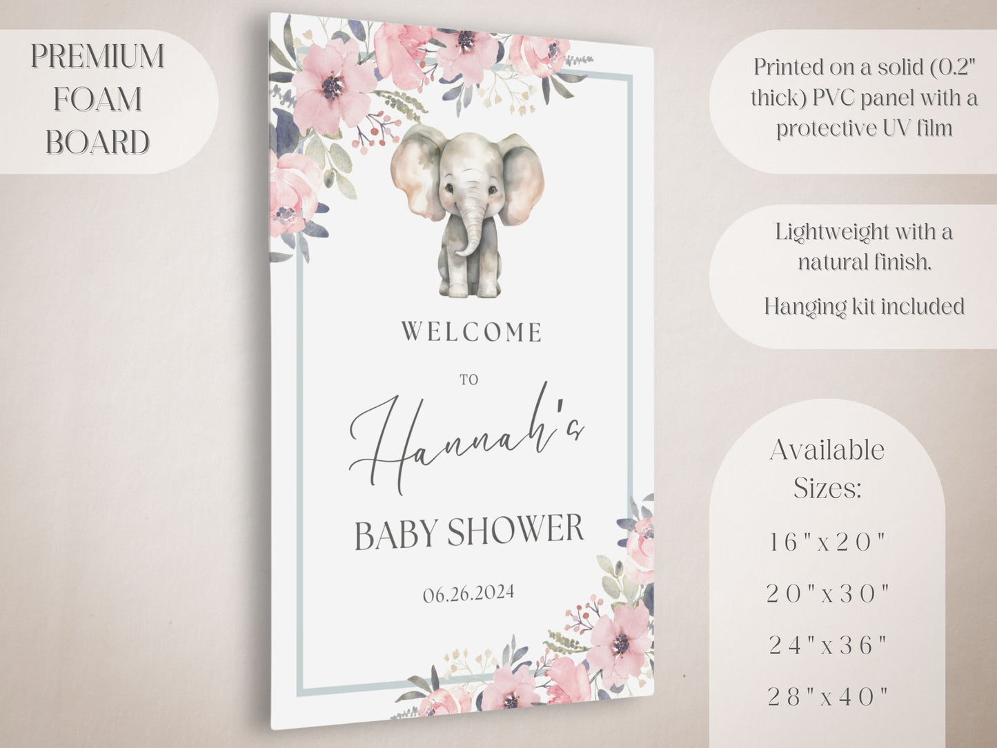 Floral Elephant Baby Shower Welcome Sign
