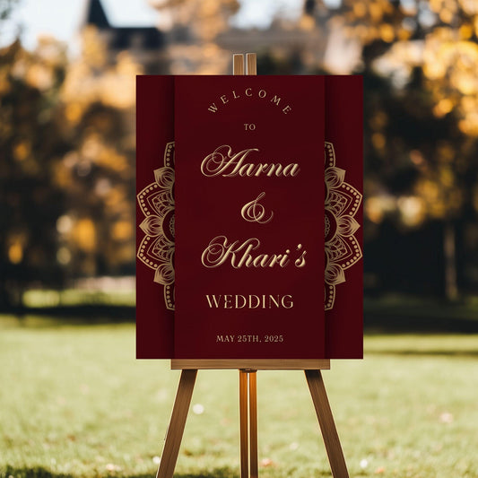 Maroon & Gold Scroll Indian Wedding Welcome Sign for Mehndi, Sangeet, Haldi etc.