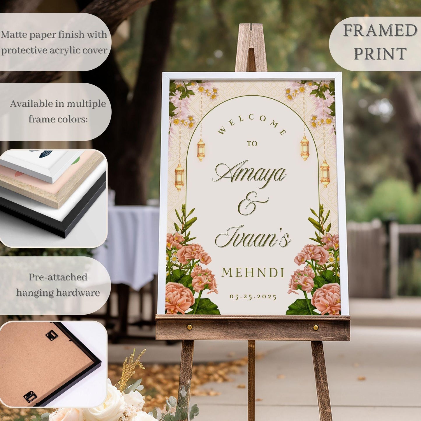 Beige Floral Indian Wedding Welcome Sign for Mehndi, Sangeet, Haldi etc.