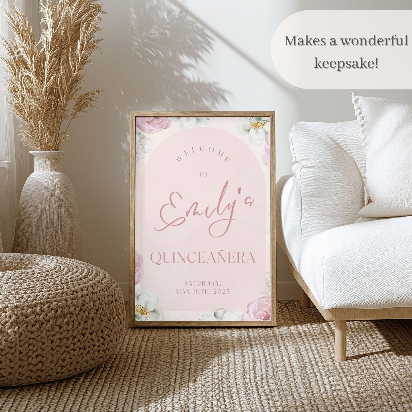 Delicate Floral Arch Quinceañera Welcome Sign