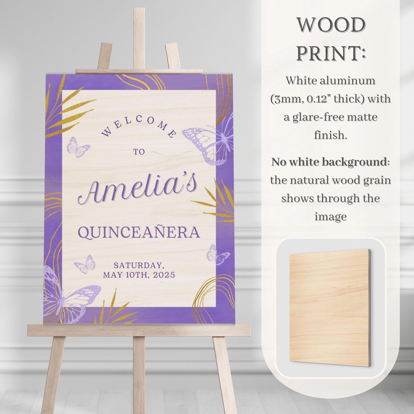 Purple & Gold Butterfly Quinceañera Welcome Sign