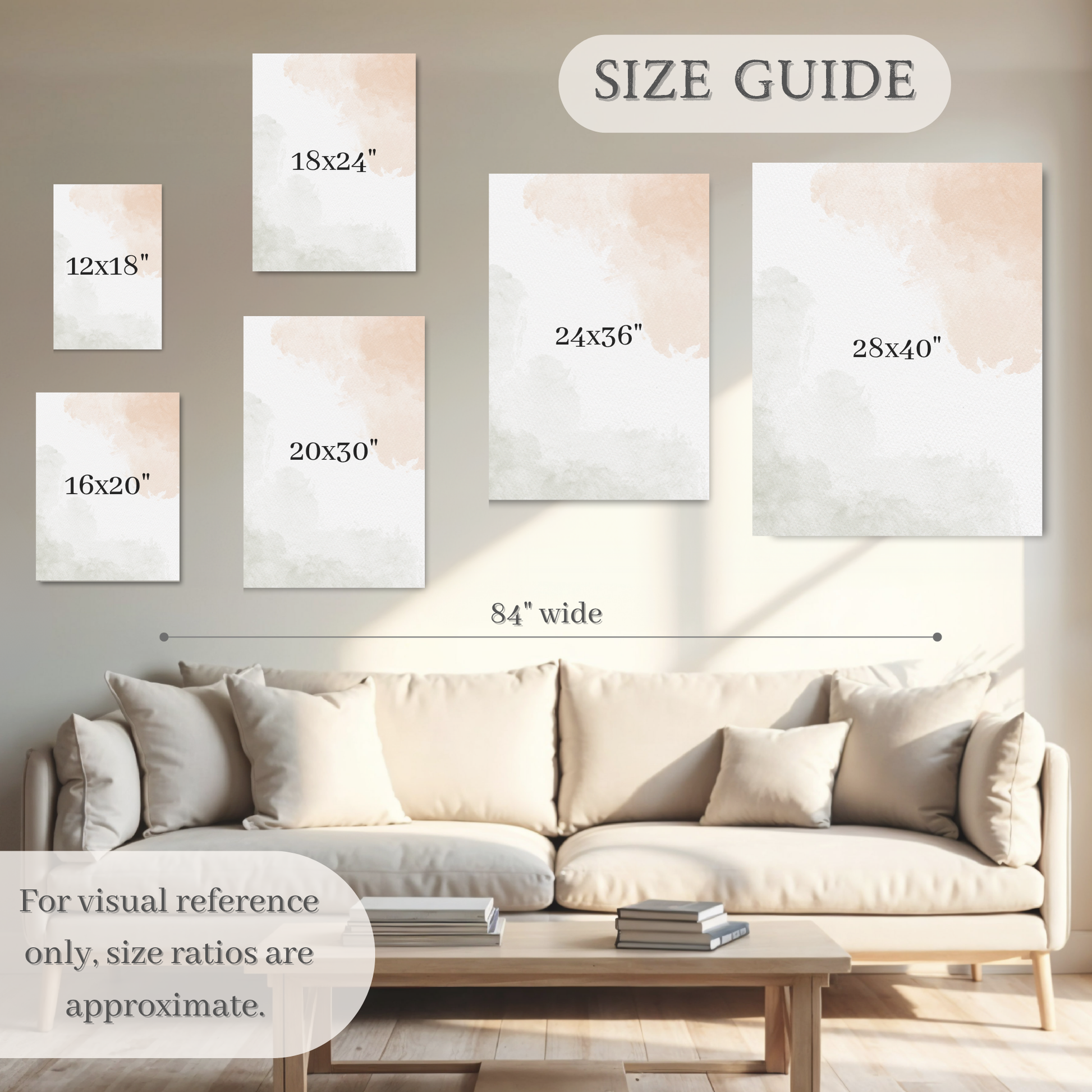 The image is a living room with a couch and a coffee table. There are six different-sized paintings or prints displayed on the wall above the couch, ranging from 12x18" to 28x40" in width. The image also includes a size guide that provides visual reference only, size ratios are approximate, and the reference is for visual reference only.