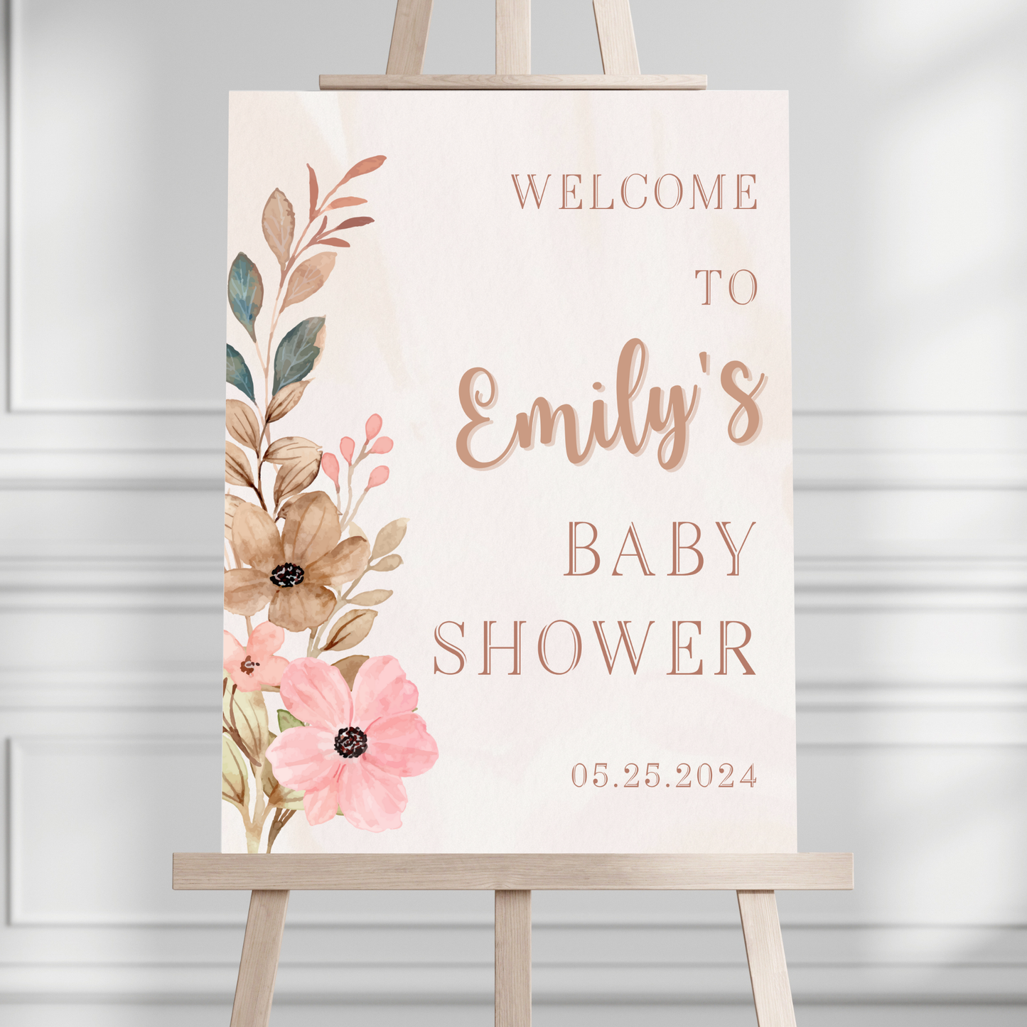 Boho Neutral Floral Baby Shower Welcome Sign