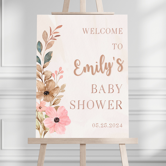 Boho Neutral Floral Baby Shower Welcome Sign - Magnolia Dane Co.