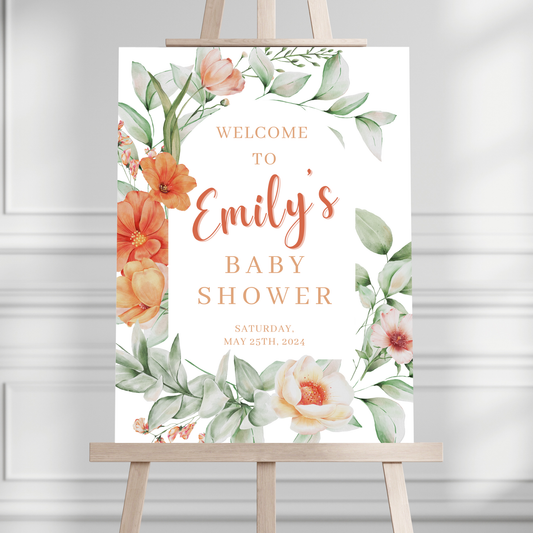 Orange Florals Baby Shower Welcome Sign - Magnolia Dane Co.
