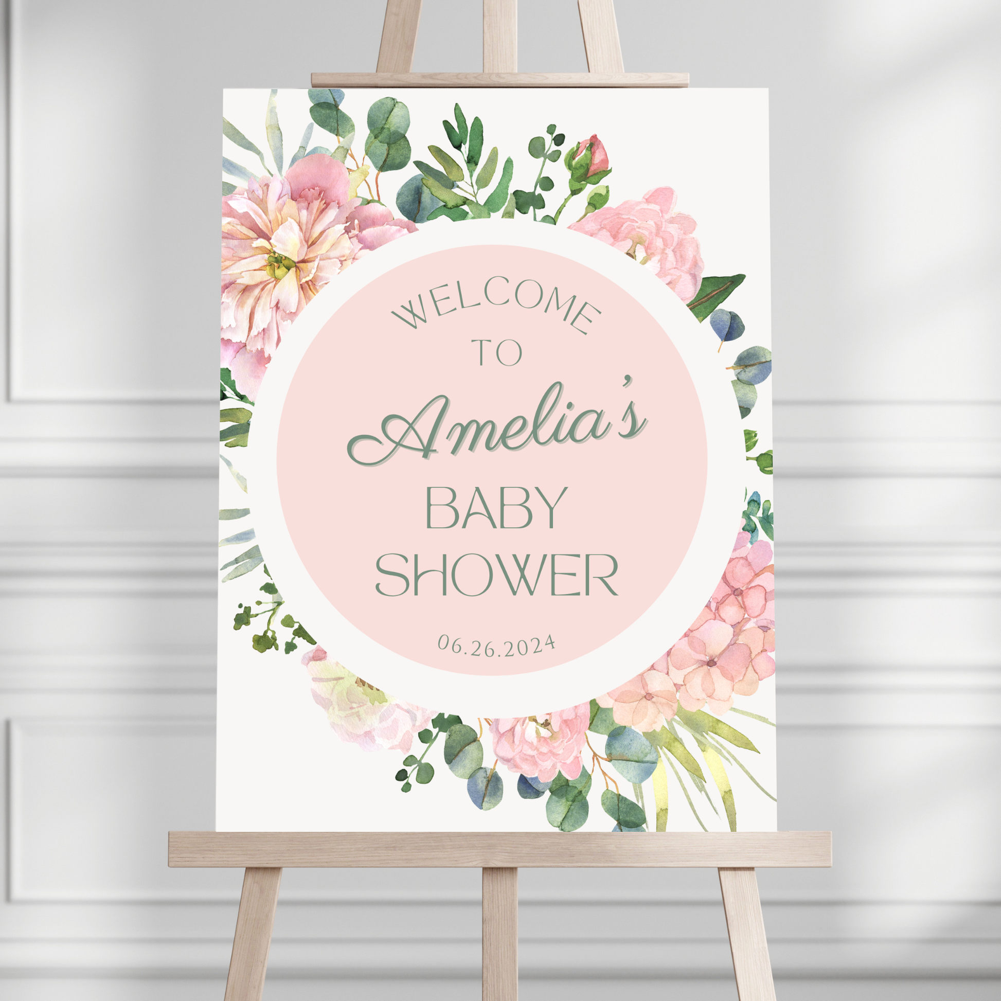 Round Pink Floral Baby Shower Welcome Sign - Magnolia Dane Co.
