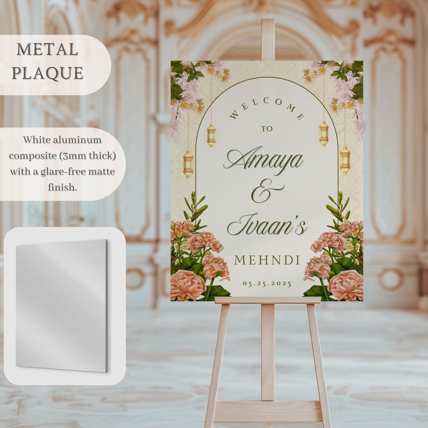 Beige Floral Indian Wedding Welcome Sign for Mehndi, Sangeet, Haldi etc.