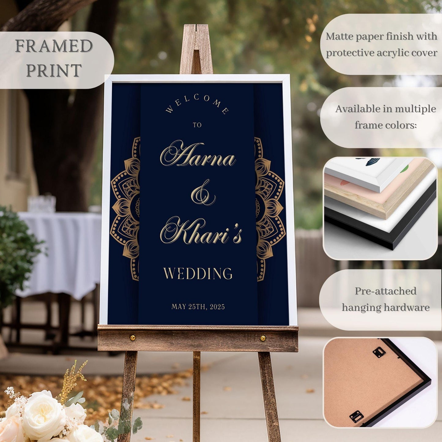 Navy & Gold Indian Wedding Welcome Sign for Mehndi, Sangeet, Haldi etc.