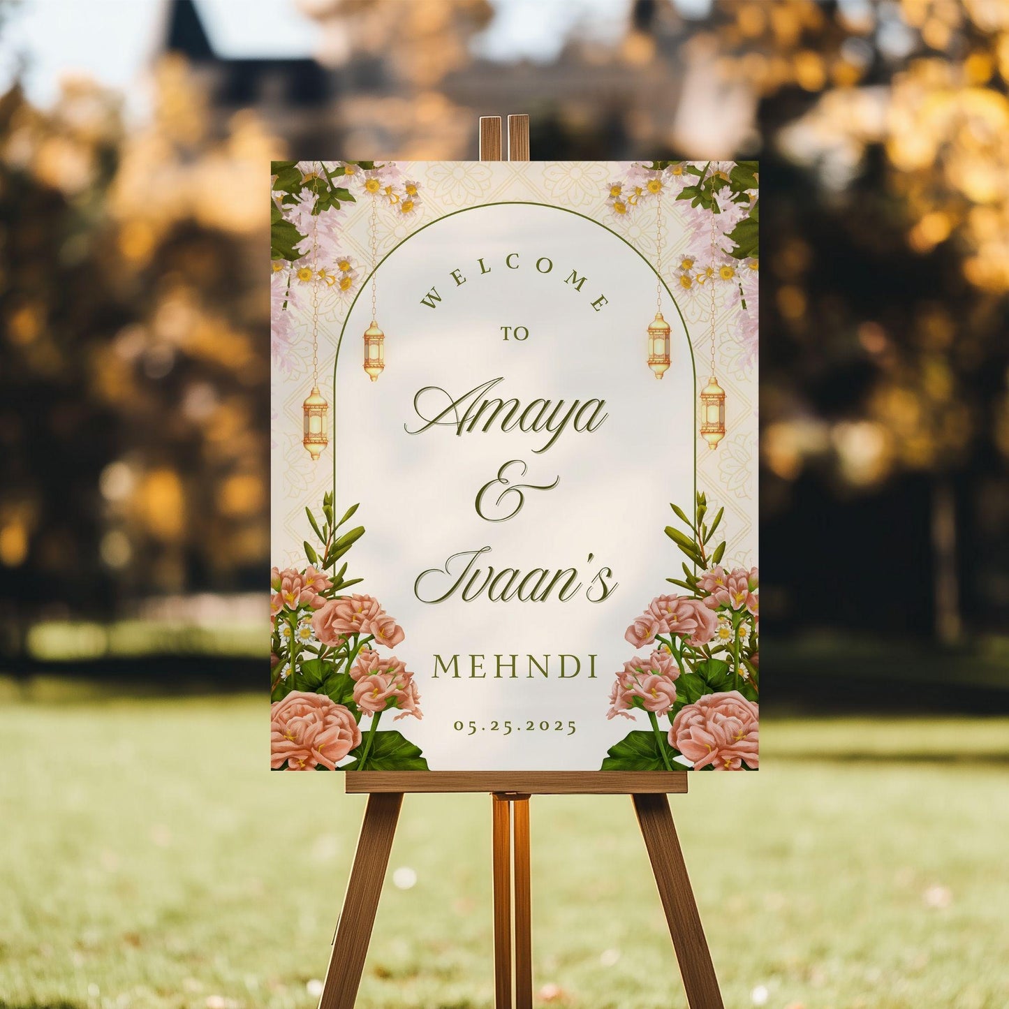 Beige Floral Indian Wedding Welcome Sign for Mehndi, Sangeet, Haldi etc.