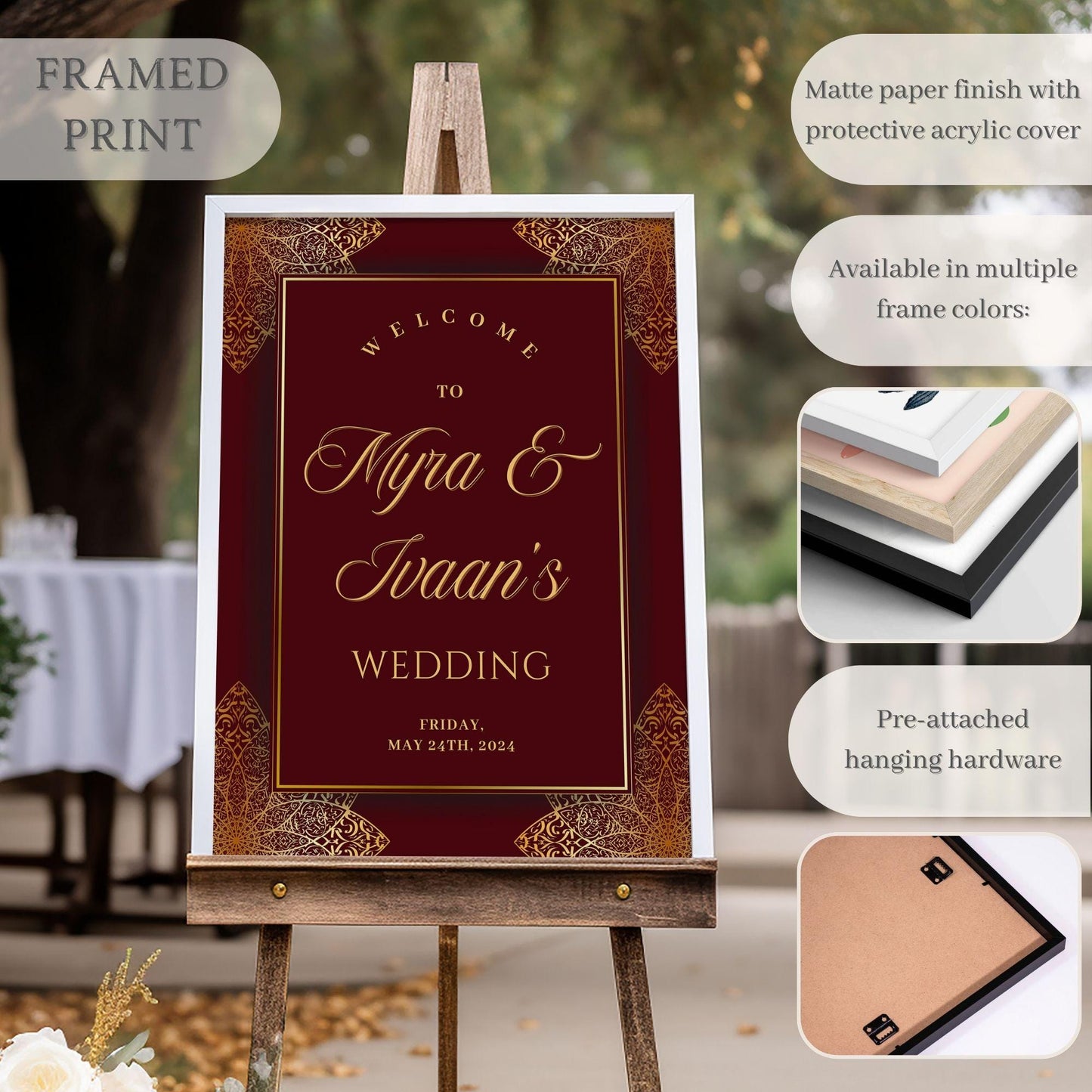 Maroon & Gold Indian Wedding Welcome Sign for Mehndi, Sangeet, Haldi etc.