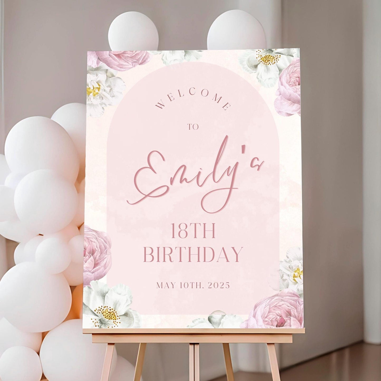 Pink Floral Arch 18th Birthday Party Welcome Sign