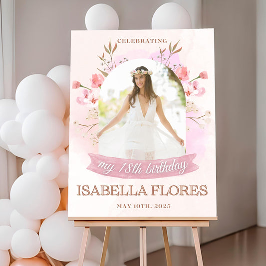 Floral Arch Custom Photo 18th Birthday Party Welcome Sign