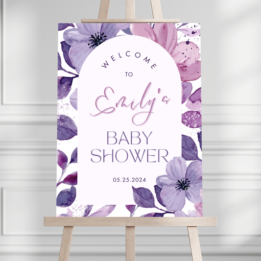 Purple Floral Baby Shower Welcome Sign