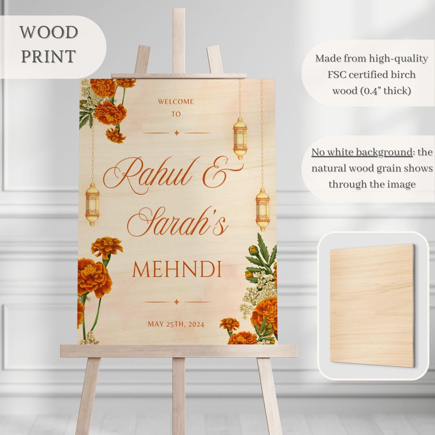 Beige Floral Lantern Indian Wedding Welcome Sign for Mehndi, Sangeet, Haldi etc.