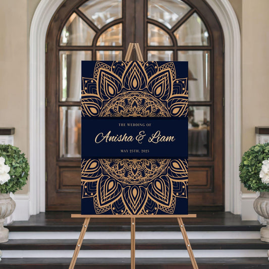 Navy & Gold Intricate Indian Wedding Welcome Sign for Mehndi, Sangeet, Haldi etc.