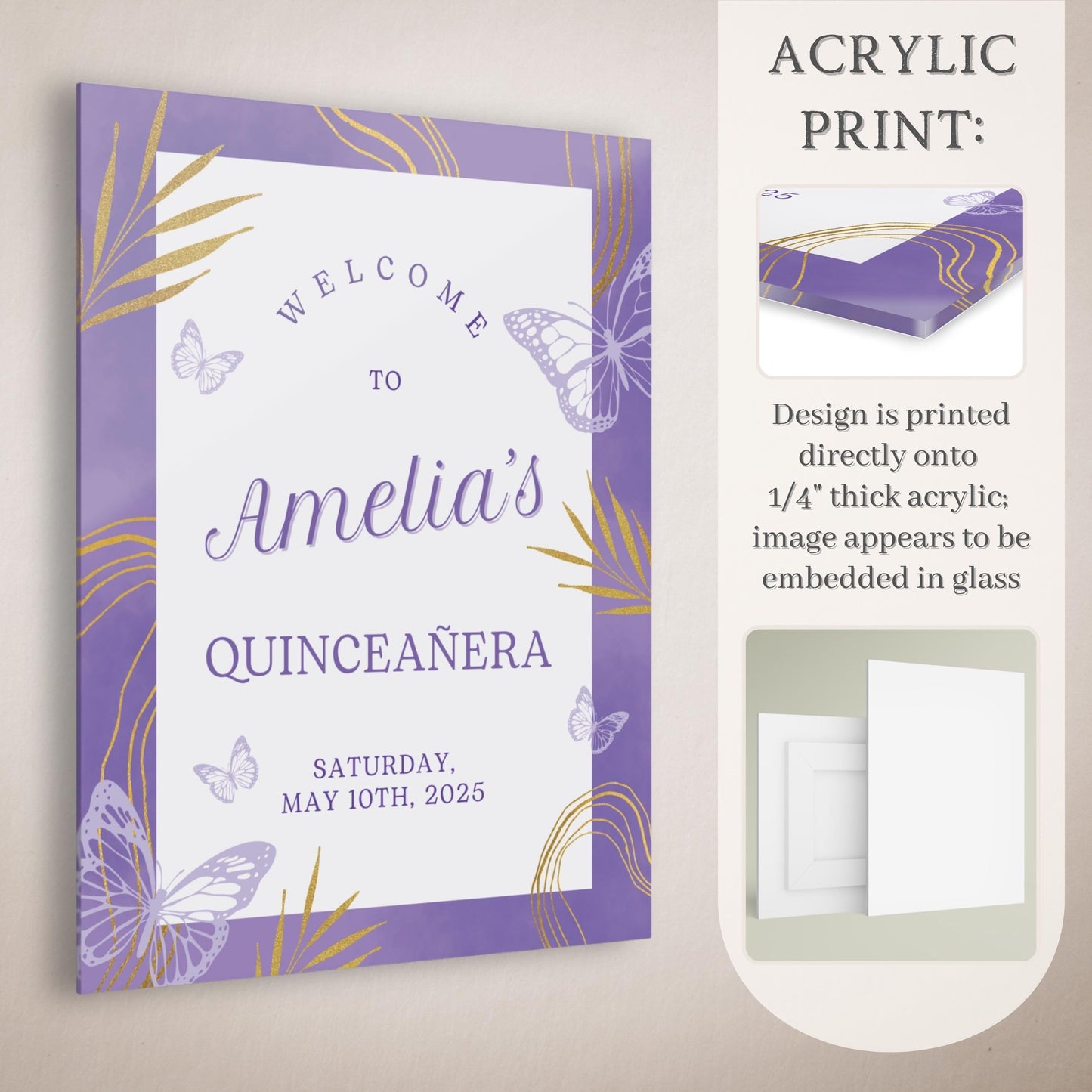 Purple & Gold Butterfly Quinceañera Welcome Sign