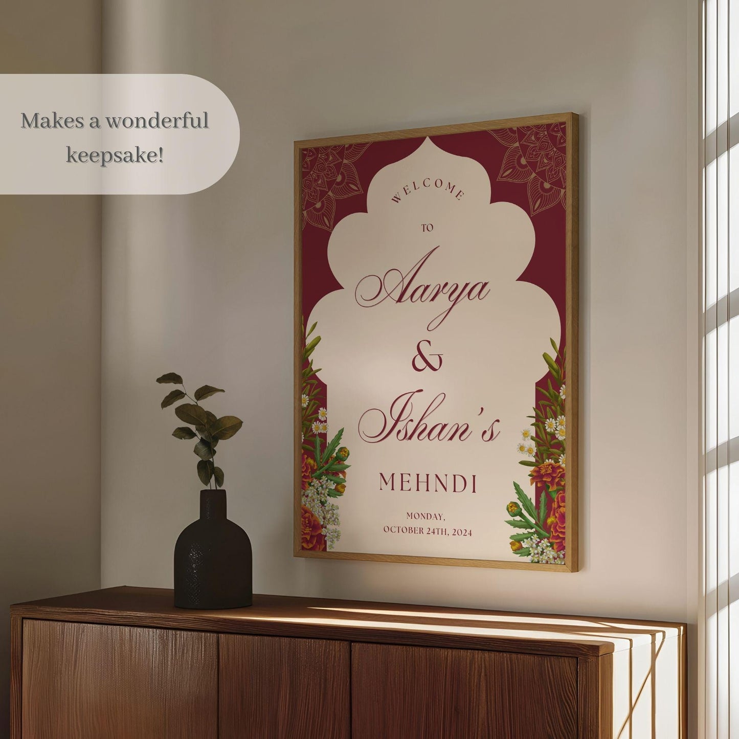 Red Floral Arch Indian Wedding Welcome Sign for Mehndi, Sangeet, Haldi etc.