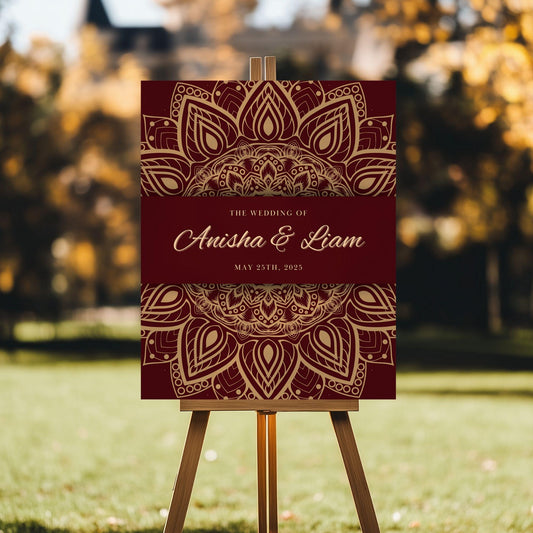 Maroon & Gold Intricate Indian Wedding Welcome Sign for Mehndi, Sangeet, Haldi etc.